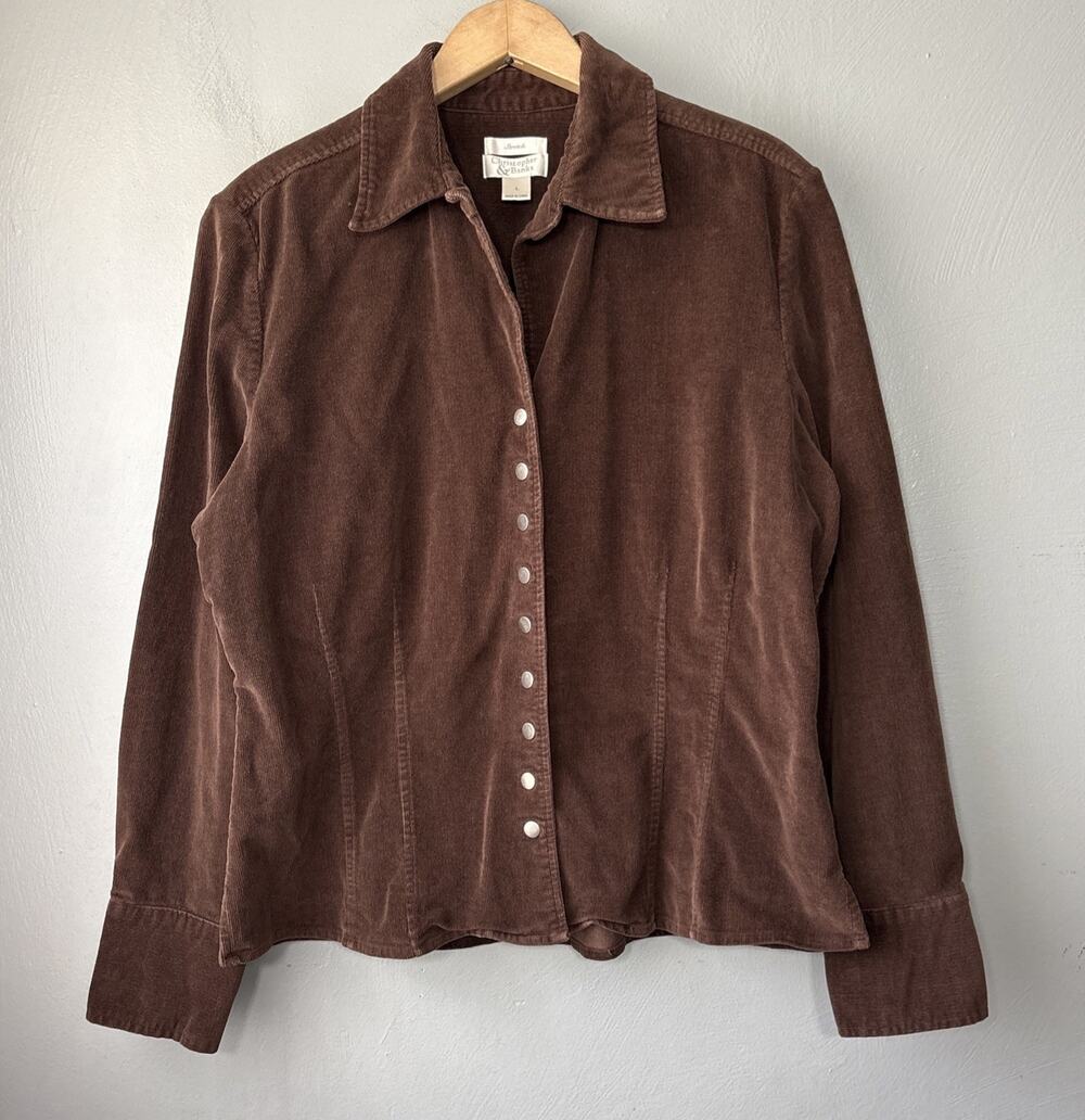 Dark Brown Corduroy Shirt Size Large Country Western Cowgirl Snap Front Casual